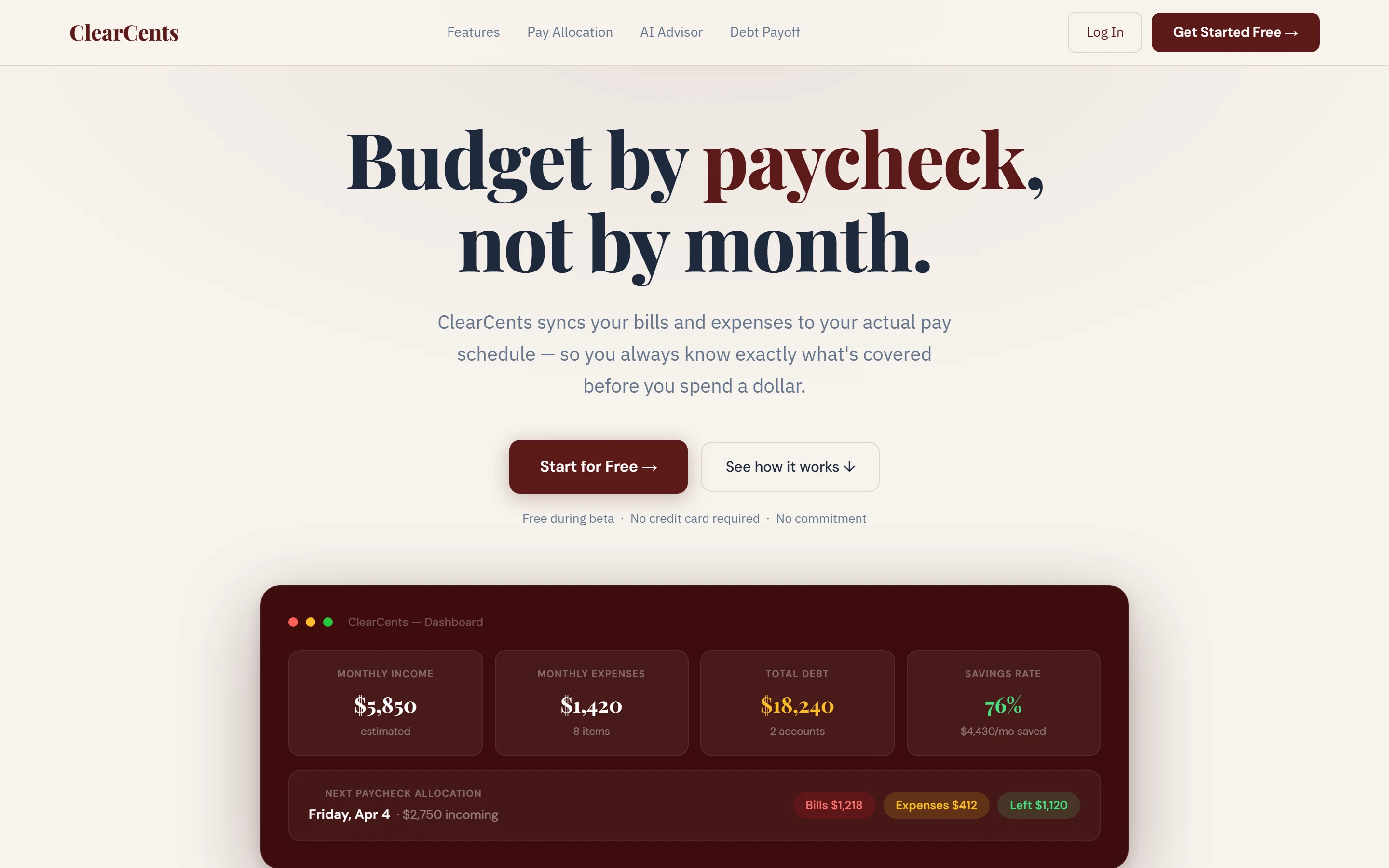 The ClearCents website, desktop view