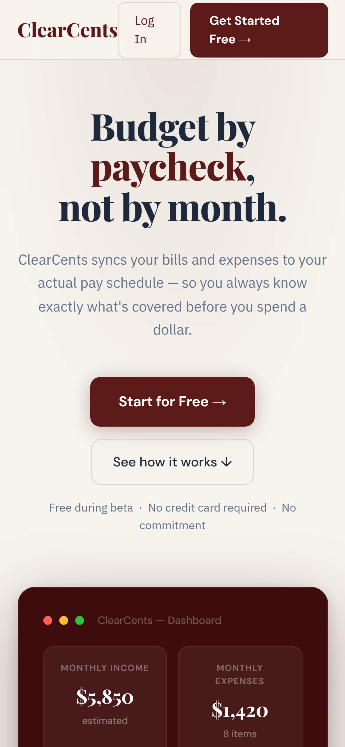 The ClearCents website, mobile view
