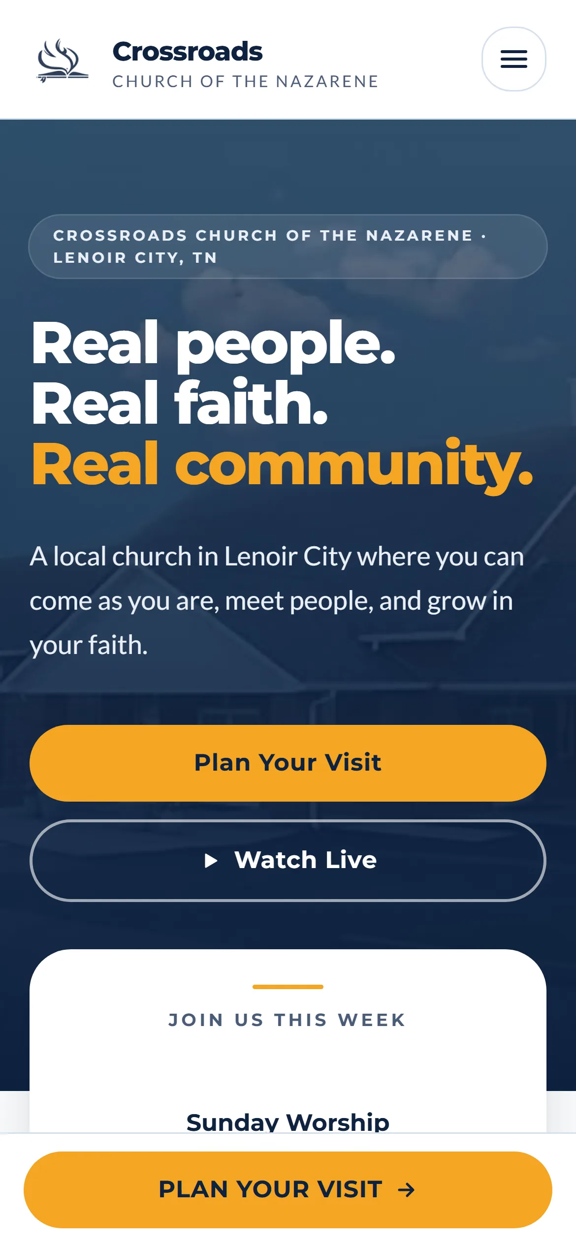 The Crossroads Church of the Nazarene website, mobile view