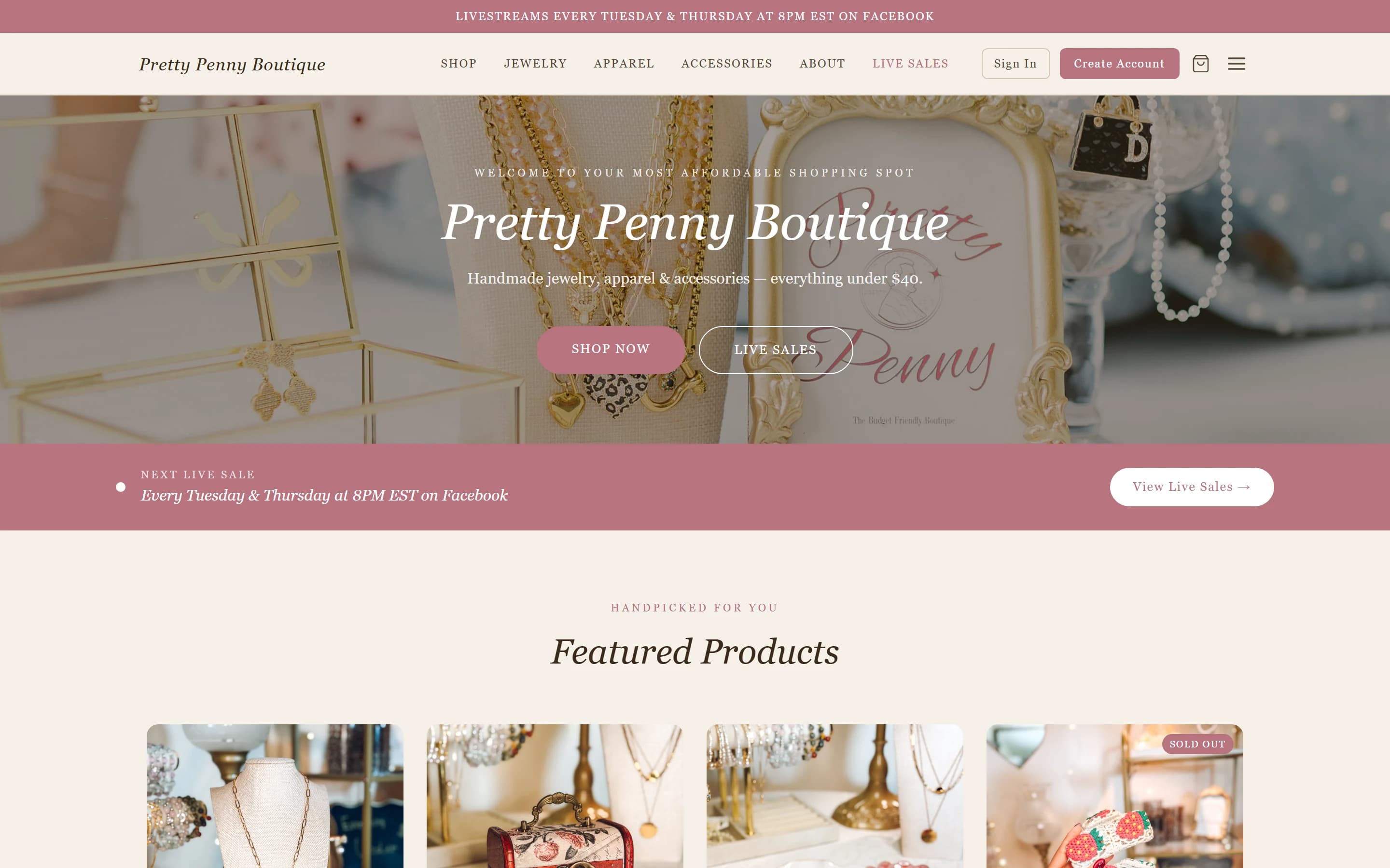 The Pretty Penny Boutique website, desktop view