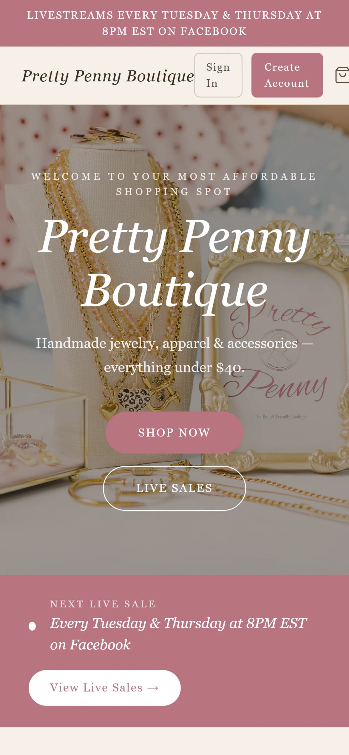 The Pretty Penny Boutique website, mobile view
