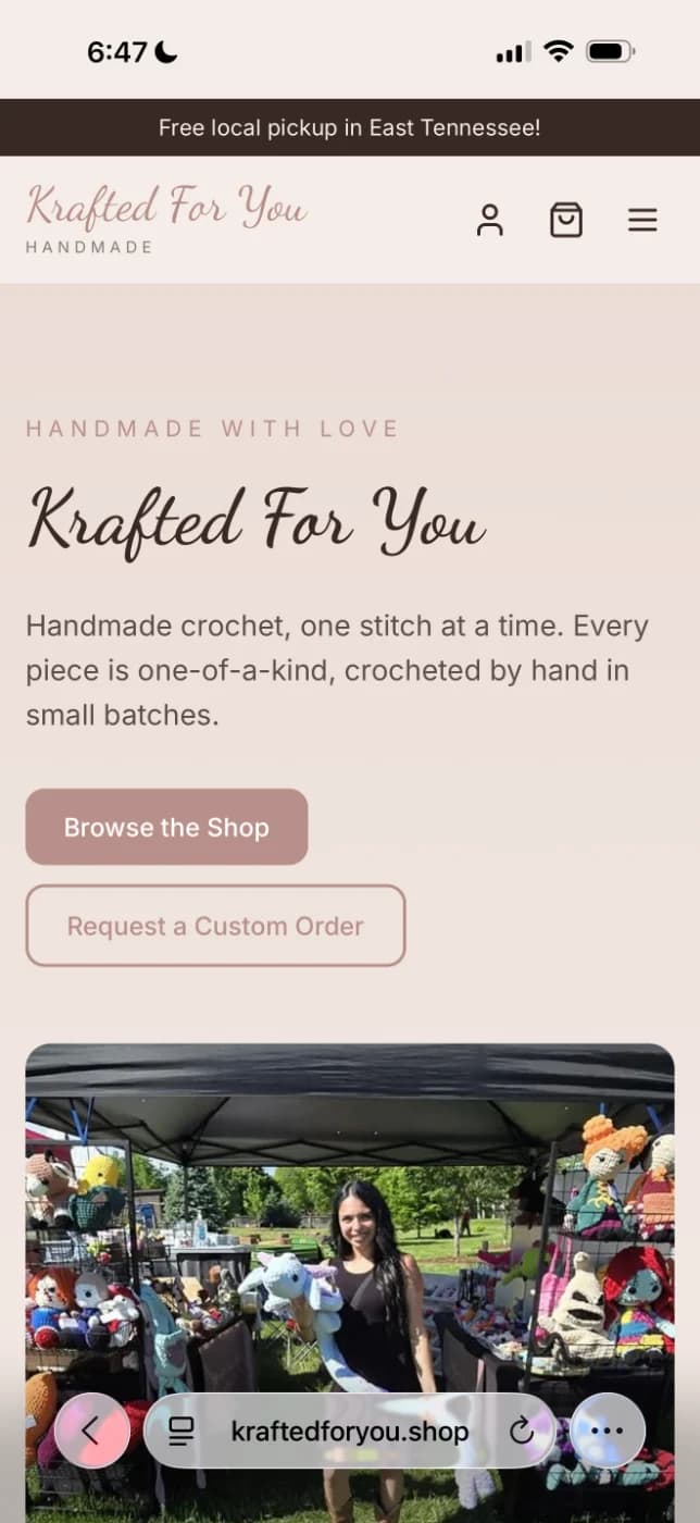 The Krafted For You website, mobile view
